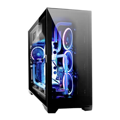 Ein schwarzes Computergehäuse mit Sichtfenster zeigt eine bunte, beleuchtete Innenelektronik mit mehreren Lüftern und Komponenten.