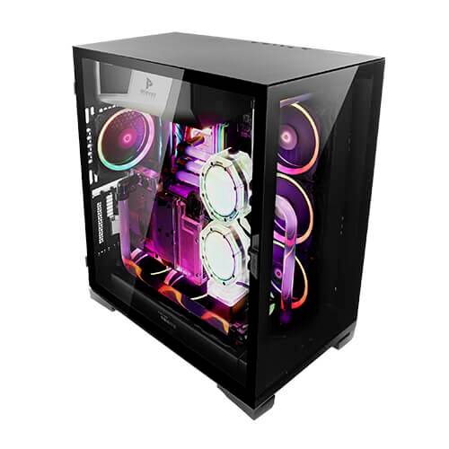 Ein moderner Computer mit transparentem Gehäuse zeigt bunte RGB-Leuchten und mehrere Lüfter. Ideal für Gaming oder High-Performance-Aufgaben.