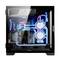 Ein PC mit durchsichtigem Gehäuse zeigt innen leuchtende LED-Lichter in Blau und Pink, mit Wasserkühlung und sauberen Kabeln.