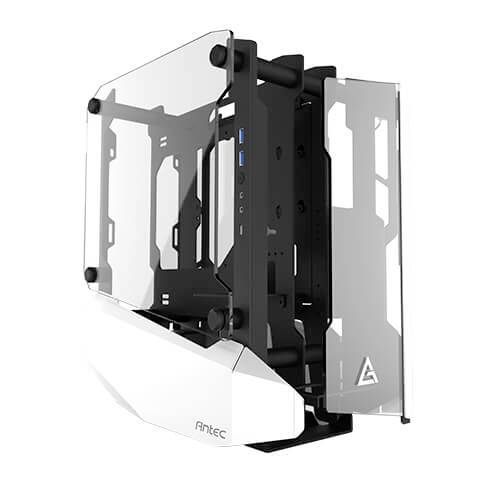 'Antec PC-Gehäuse mit modernem, offenem Design und seitlichen Glaspaneelen. Perfekt für individuell gestaltete Computer-Setups geeignet.'