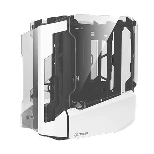 Ein futuristisches Computergehäuse mit eckigem Design, hauptsächlich in Weiß und Schwarz. Es hat durchsichtige Seitenteile.