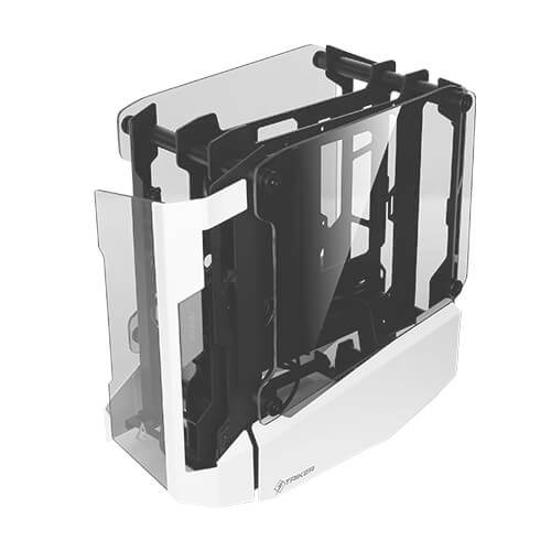 Schwarzes und weißes PC-Gehäuse mit modernem Design, transparenten Seiten und sichtbarem Rahmen ohne installierte Hardware.
