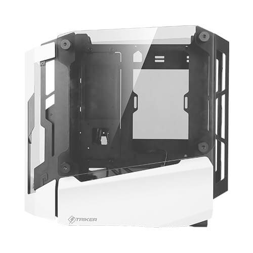 Ein weißes, offenes PC-Gehäuse mit transparentem Seitenpanel und schwarzem Rahmen. Ideal zum Präsentieren von PC-Komponenten.