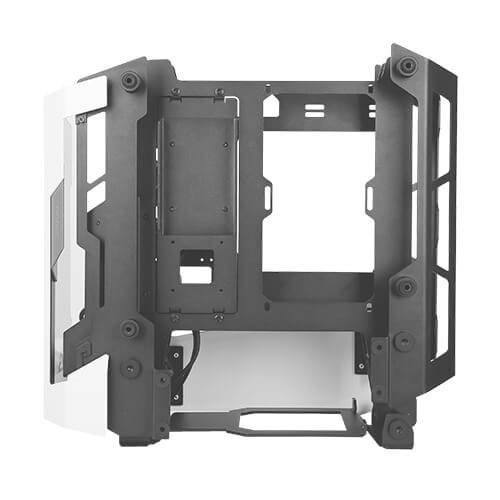 Ein offenes, schwarzes Computergehäuse mit futuristischem Design und sichtbarem Metallrahmen, geeignet für individuelle PC-Bauten.