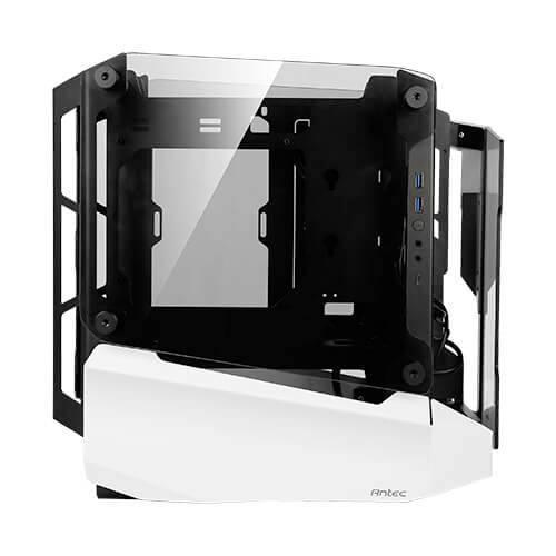 Schwarzes, offenes Computergehäuse mit transparenten Seitenteilen und weißem Sockel. Geeignet für DIY-PC-Bau und Luftstrom-Optimierung.