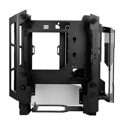 Schwarzes PC-Gehäuse mit offenem Design und mehreren Lüfterhalterungen, geeignet für individuelle Computerbauprojekte.