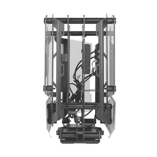 Ein offenes Computergehäuse mit sichtbarer Hardware und Kabelmanagement, vertikal an einem Rahmen montiert.