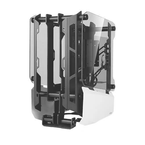 Offenes Computergehäuse mit schwarzem und weißem Design, mehreren Rahmen und Glasplatten. Geeignet für individuelle PC-Builds.