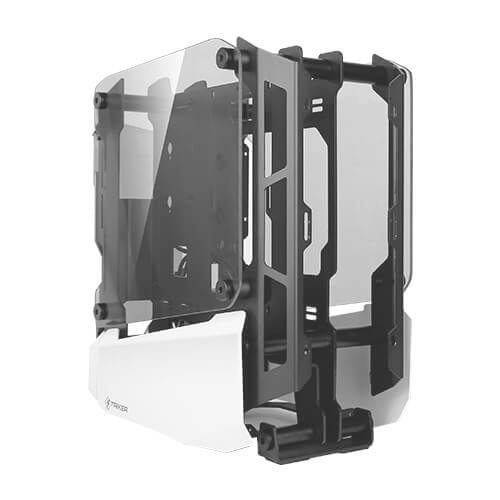 Ein offen gestaltetes PC-Gehäuse mit durchsichtigem Glas, das die Innenkomponenten sichtbar macht. Klare, moderne Designlinien.