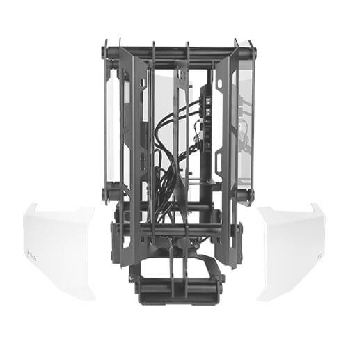 PC-Gehäuse in offener, vertikaler Form mit sichtbaren Kabeln und transparenten Seitenteilen. Geeignet für individuelle PC-Builds.