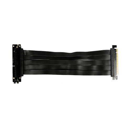 Schwarzes PCIe-Riser-Kabel, flach und flexibel, zur Verbindung von Computerkomponenten auf Abstand.
