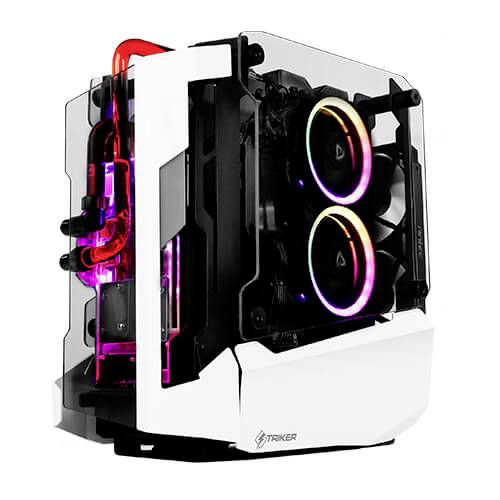 Ein offener PC-Tower mit auffälliger RGB-Beleuchtung und starkem Kühlsystem. Enthält markante weiße und schwarze Designelemente.