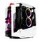 Ein offener PC-Tower mit auffälliger RGB-Beleuchtung und starkem Kühlsystem. Enthält markante weiße und schwarze Designelemente.
