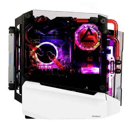 Ein hochmodernes PC-Gehäuse mit transparenten Seiten, LED-Beleuchtung und sichtbaren Wasserkühlungsschläuchen.