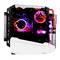 Ein hochmodernes PC-Gehäuse mit transparenten Seiten, LED-Beleuchtung und sichtbaren Wasserkühlungsschläuchen.