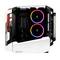 Offenes Computergehäuse mit sichtbaren Komponenten, darunter zwei leuchtende Lüfter mit RGB-Beleuchtung und einem markanten weißen Design.