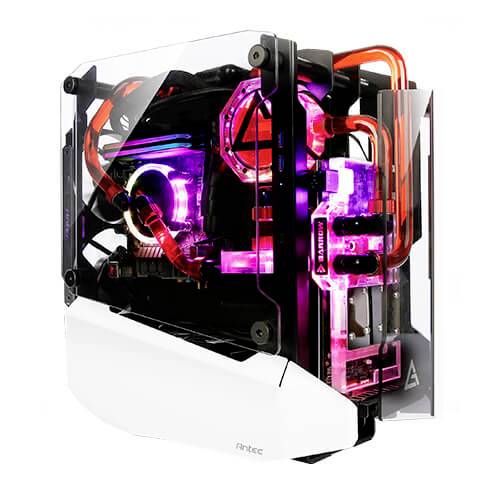 Transparenter Gaming-PC mit leuchtenden LED-Lichtern und farbigen Kühlrohren, die einen modernen, leistungsstarken Eindruck vermitteln.