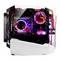 Ein leistungsstarker Gaming-PC mit offenem Gehäuse, sichtbar sind RGB-beleuchtete Komponenten und Wasserkühlungssysteme.