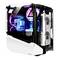 Ein Gaming-PC mit transparentem Gehäuse zeigt komplizierte Wasserkühlung und leuchtende RGB-Beleuchtung, angetrieben von 'GeForce RTX'.