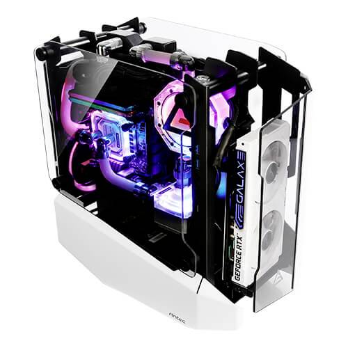 Ein stilvoller Gaming-PC mit transparentem Gehäuse, bunter RGB-Beleuchtung und sichtbarer Grafikkarte.