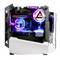 Ein Gaming-PC mit bunter LED-Beleuchtung und sichtbarer Wasserkühlung. Komponenten sind klar erkennbar, inklusive Grafikkarte und Kühlsystem.