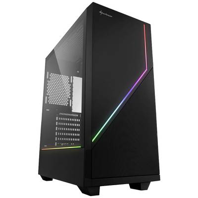 Schwarzes PC-Gehäuse mit transparentem Seitenfenster und RGB-Beleuchtung in diagonaler Linie auf der Vorderseite.