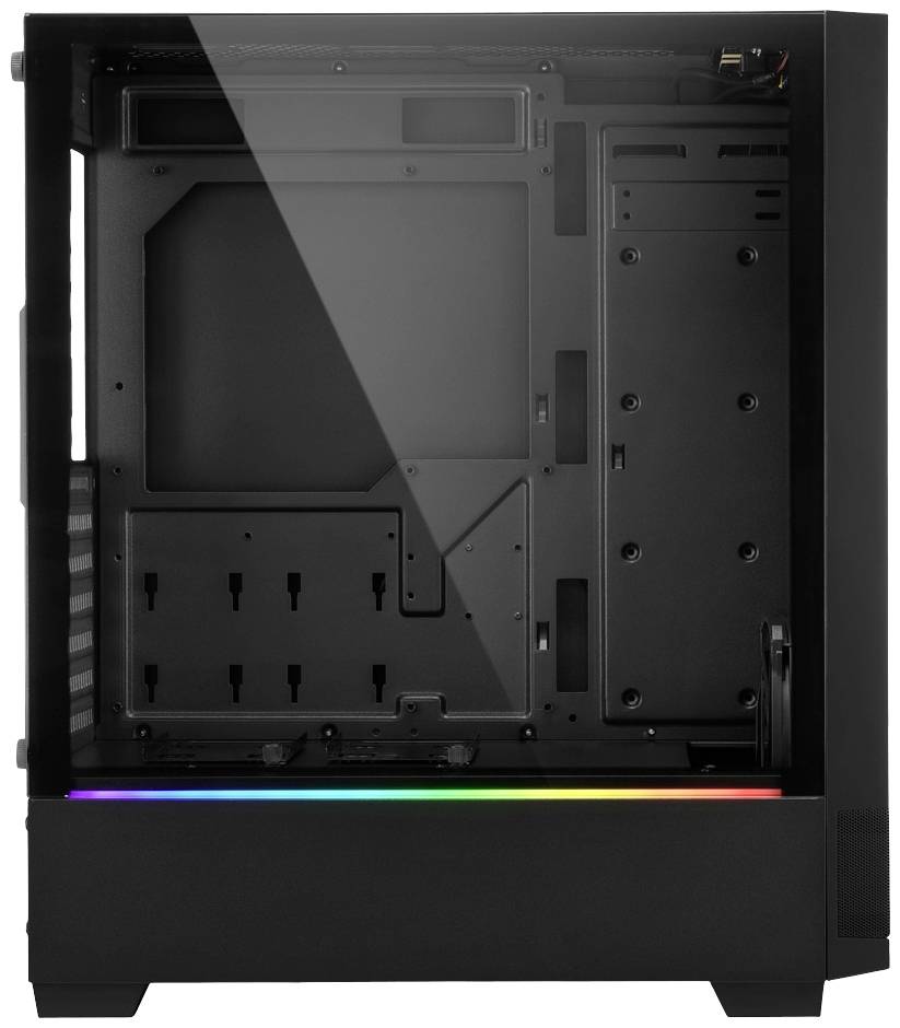 Schwarzes PC-Gehäuse mit transparentem Seitenteil und RGB-Beleuchtung an der Unterseite. Es zeigt leeren Innenraum zur Hardware-Installation.