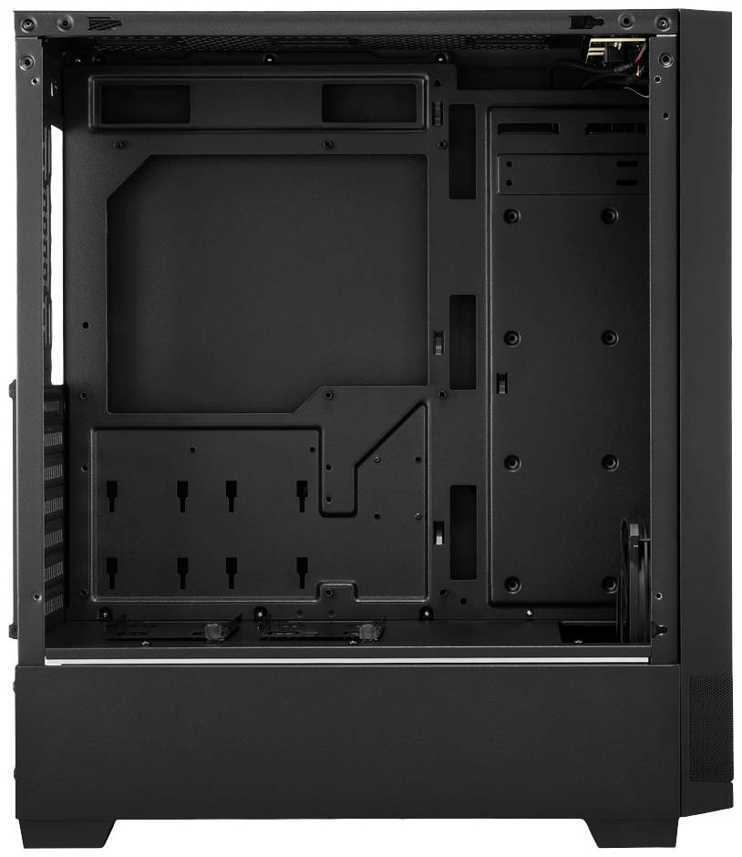 Leeres Computergehäuse mit offenen Seitenwänden zur Darstellung des Innenraums. Es zeigt Halterungen und Schächte für Komponenten.