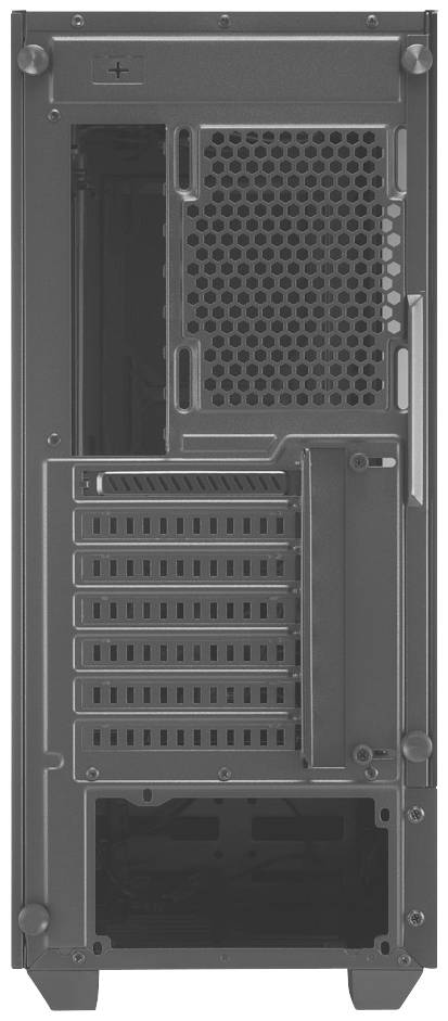 'Rückseite eines Computergehäuses mit mehreren Erweiterungsslots und Lüftungsgitter.'