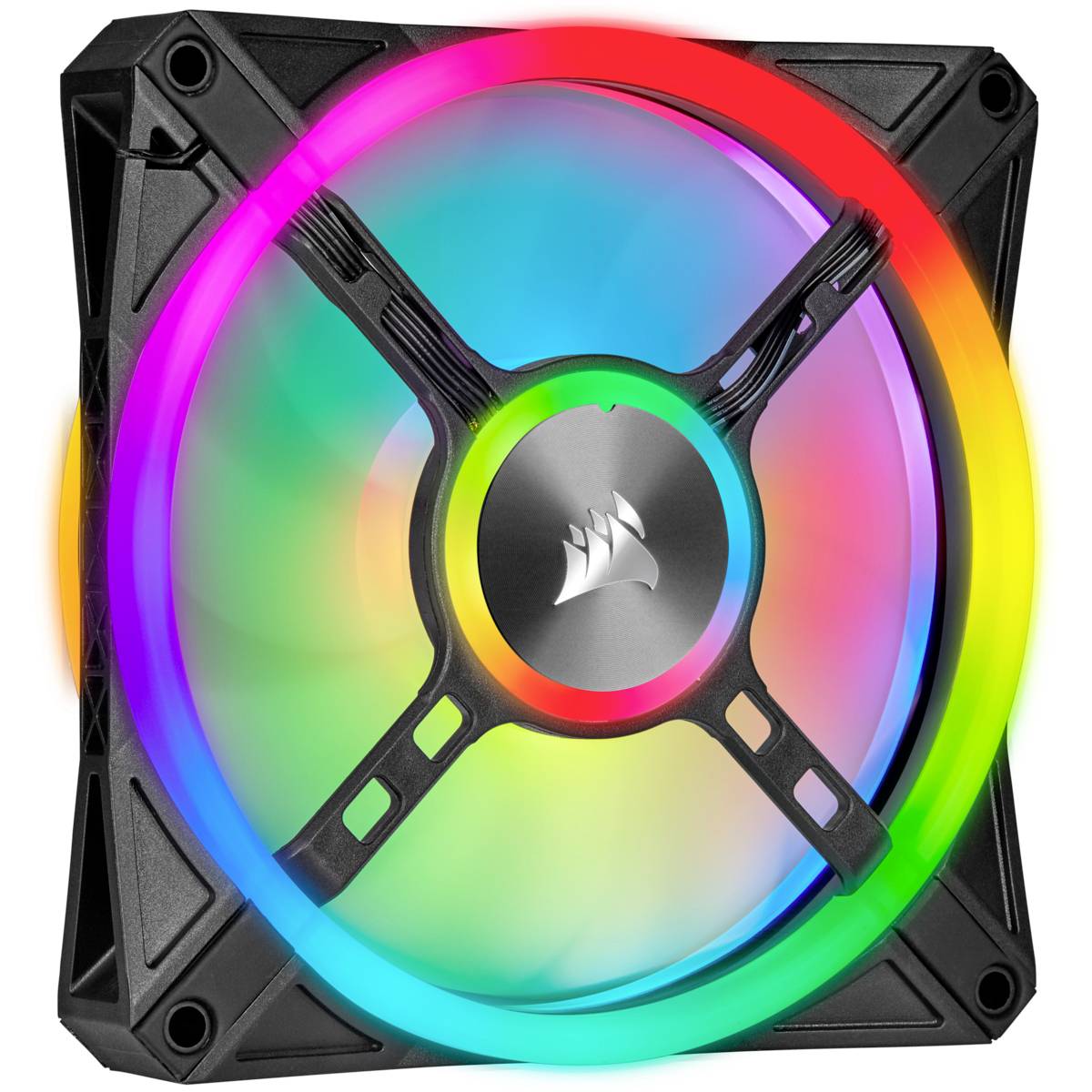 PC-Lüfter mit mehrfarbiger RGB-Beleuchtung, leuchtet in den Farben des Regenbogens. Schwarzer Rahmen, zentraler Markenlogo.