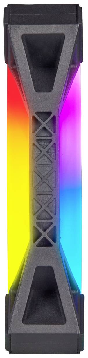 Ein vertikaler LED-Balken mit regenbogenfarbenem Verlauf, eingerahmt in einem schwarzen Plastikgehäuse mit symmetrischem Design.