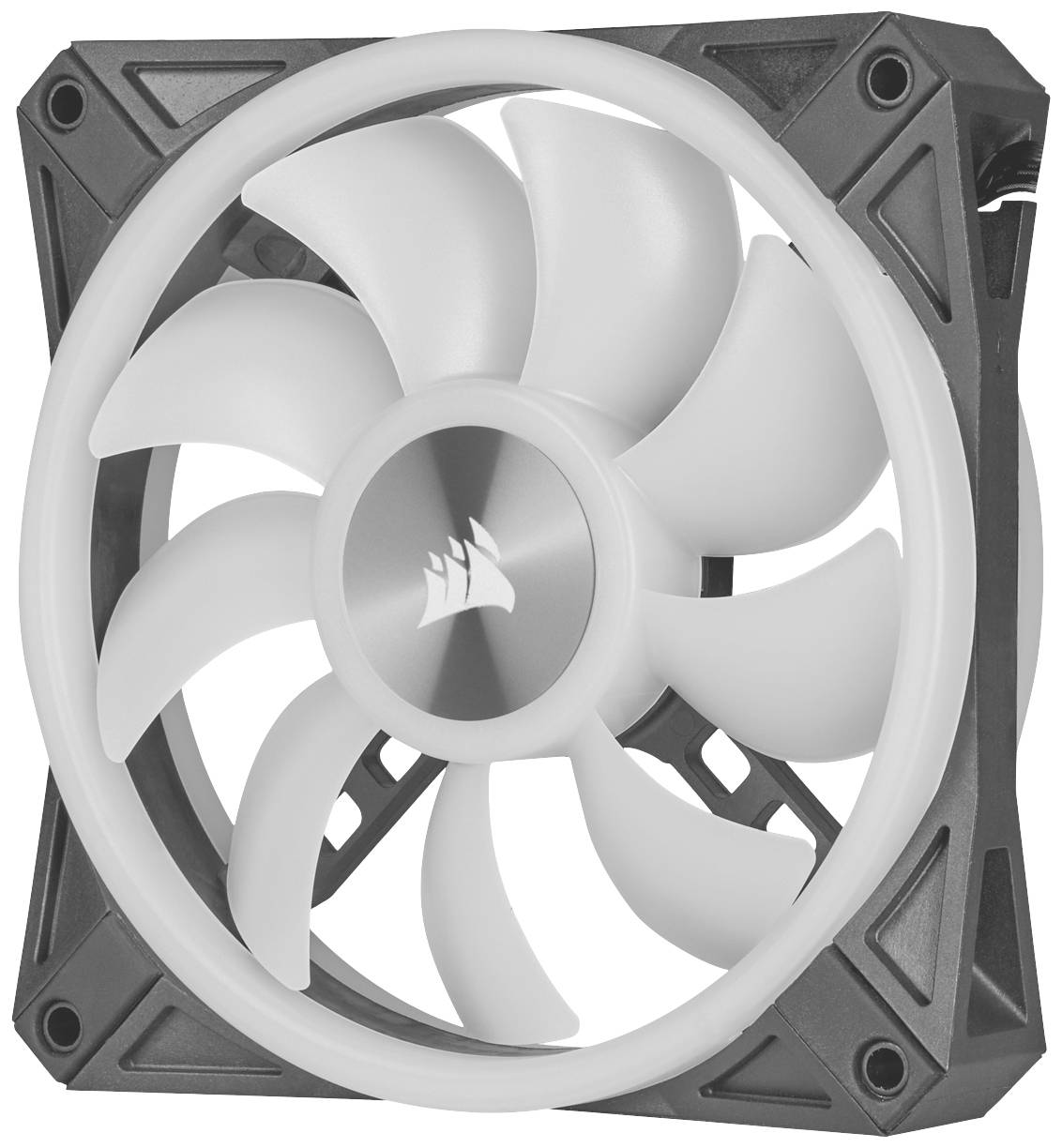 PC-Lüfter mit weißem Rotor und schwarzem Rahmen, markenlabel in der Mitte.