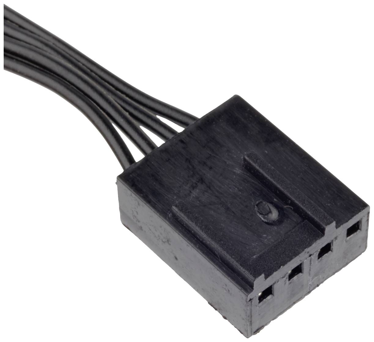 Schwarzer vierpoliger Computer-Anschlussstecker mit schwarzen Drähten, dient zur Verbindung von Hardware-Komponenten.
