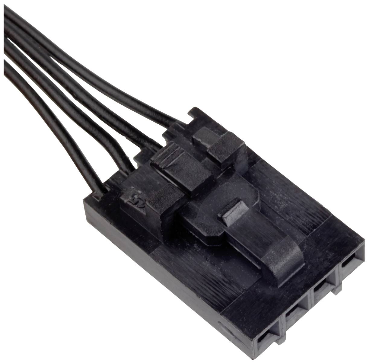 Schwarzer Kunststoffstecker mit drei Kabeln, orientiert nach rechts. Verwendet für elektrische Verbindungen, Standard-Pin-Anordnung.