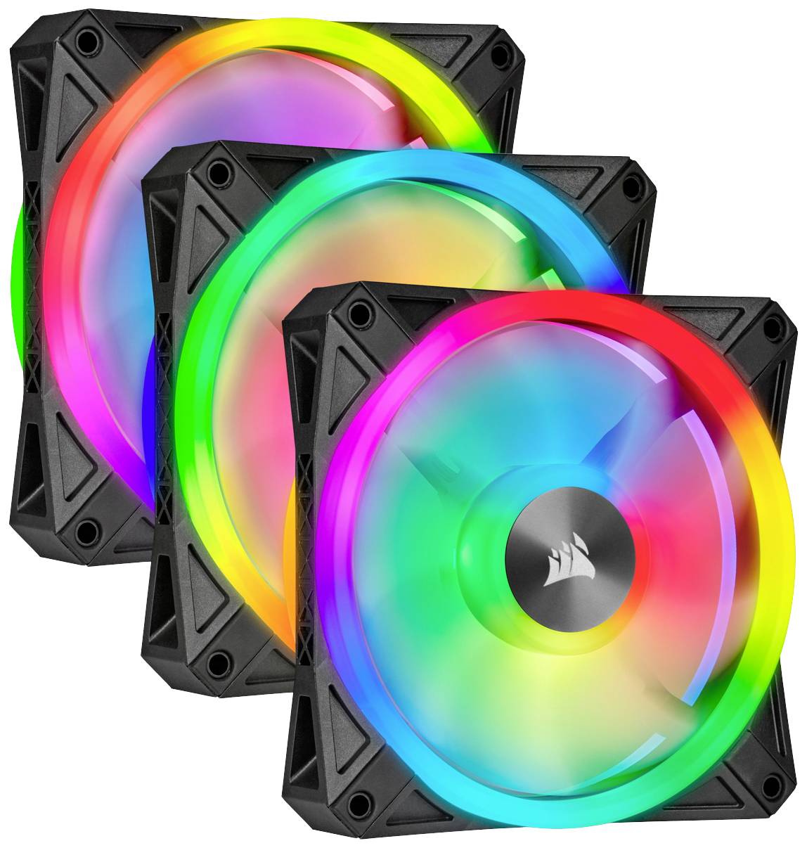 Drei PC-Lüfter mit LED-Beleuchtung in Regenbogenfarben. Sie haben ein schwarzes Gehäuse und drehen sich, um Computerkomponenten zu kühlen.