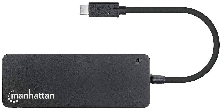 Schwarzer USB-C-Hub von Manhattan mit mehreren Anschlüssen; das Gerät hat ein kurzes Kabel zur Verbindung mit einem Computer.