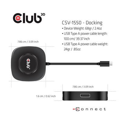 Obenansicht und Seitenansicht eines schwarzen Docking-Geräts mit abnehmbarem USB-Kabel; Maße und Gewicht des Geräts sind angegeben.