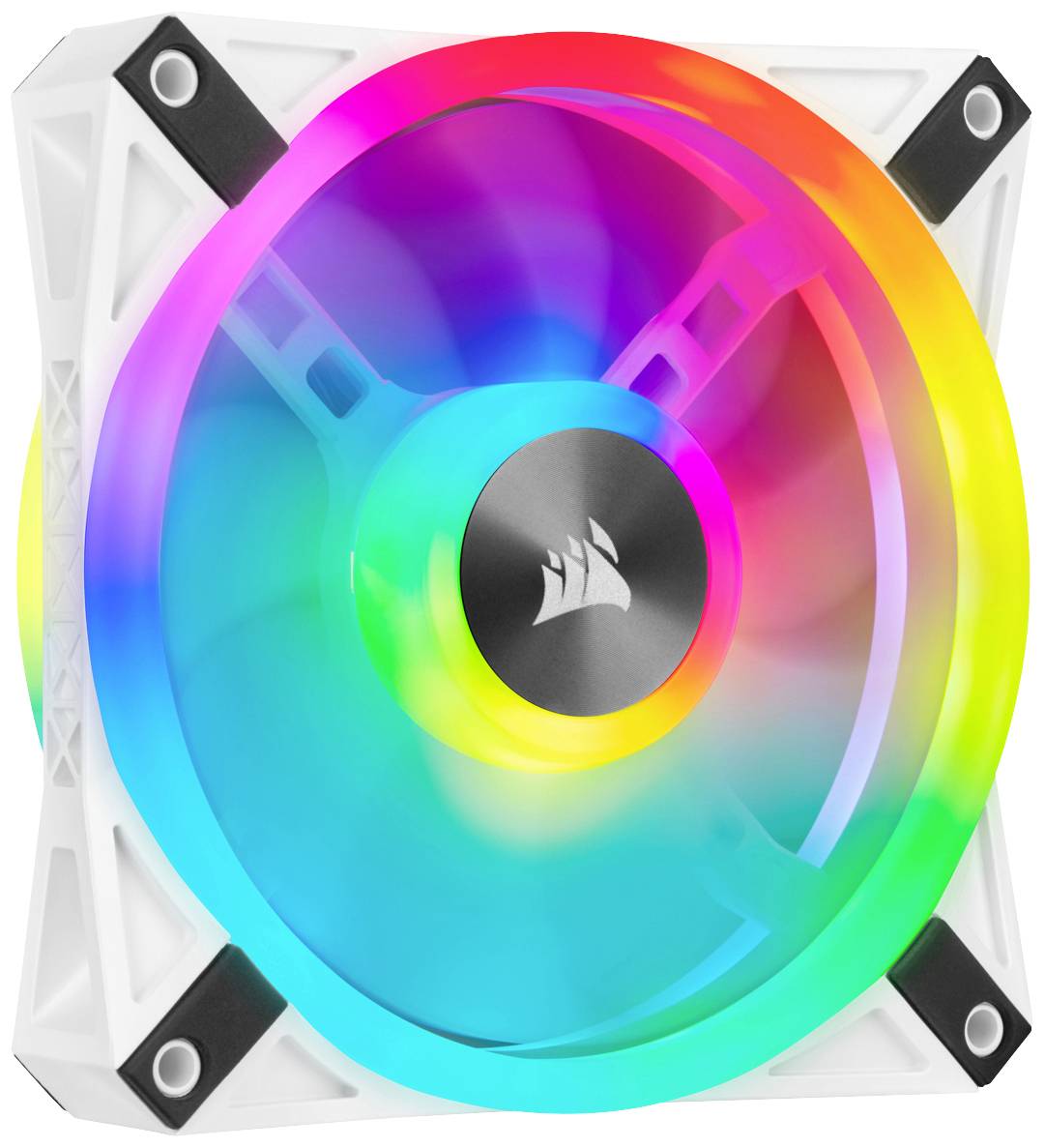 Ein weißer Computer-Lüfter mit leuchtenden RGB-LEDs, die in einem bunten Farbspektrum leuchten.