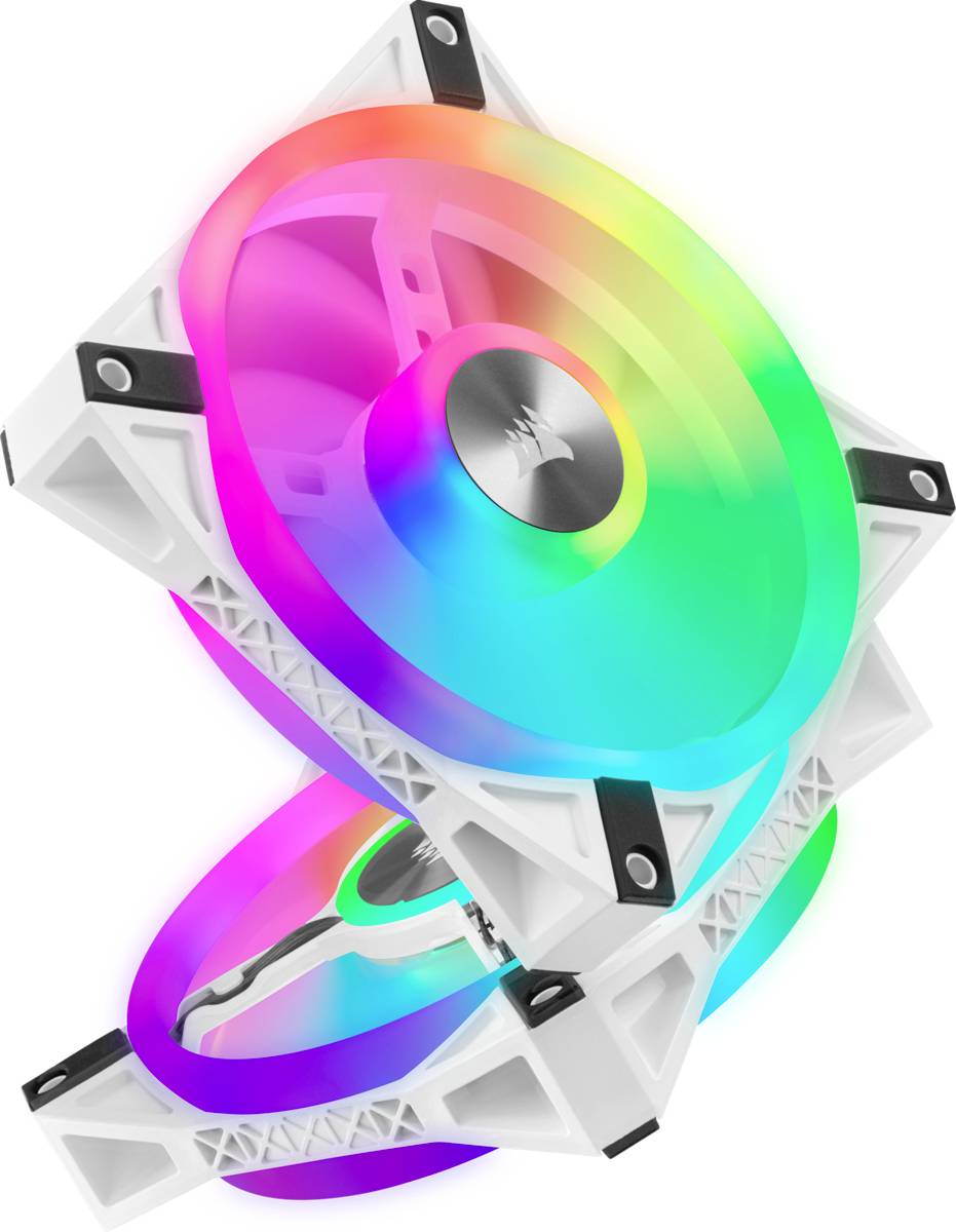 Zwei weiße Computerlüfter mit bunten RGB-LEDs leuchten in verschiedenen Farben. Sie sind übereinander angeordnet.
