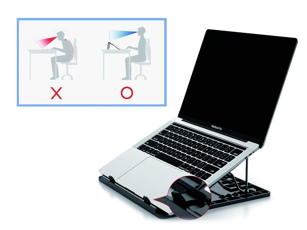 'Laptop auf einem Ständer erhöht für bessere Ergonomie. Diagramm zeigt falsche und richtige Körperhaltung beim Arbeiten am Computer.'