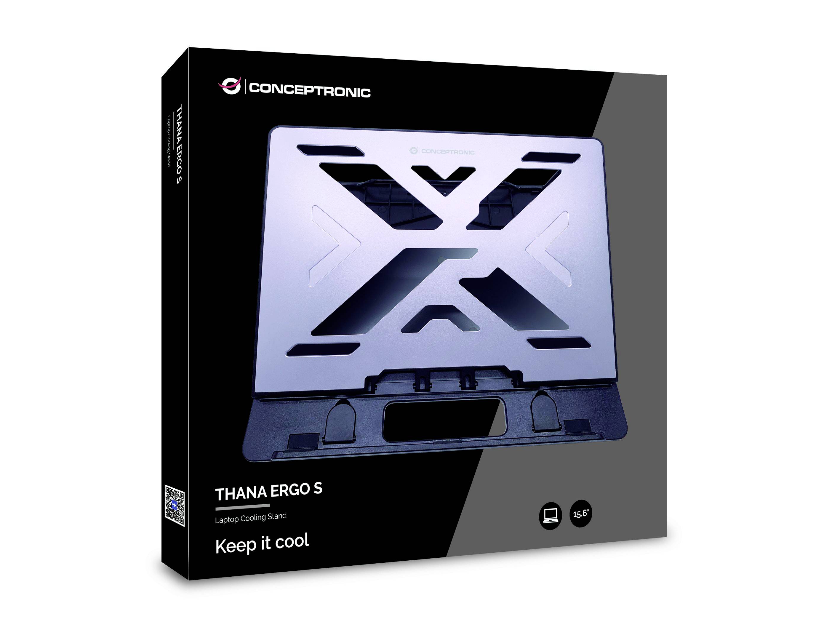 Verpackung eines Laptop-Kühlständers 'THANA ERGO S' von Conceptronic mit Bild des Produkts. Text: 'Keep it cool', für Laptops ab 15,6".