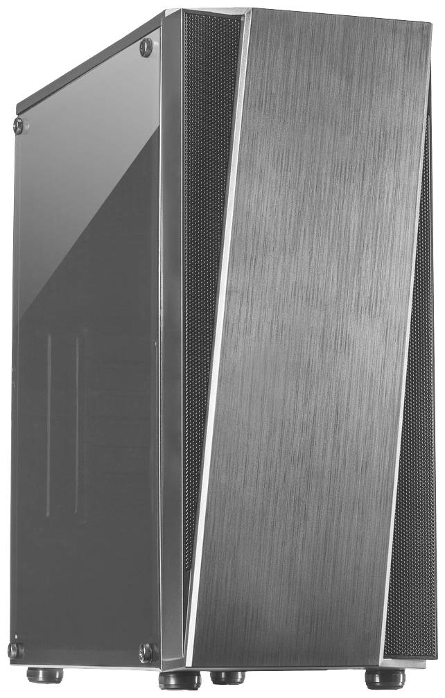 Ein schwarzes Computergehäuse mit modernem, asymmetrischem Design und strukturierter Metallfront. Glasseitenteile zeigen das Innere.