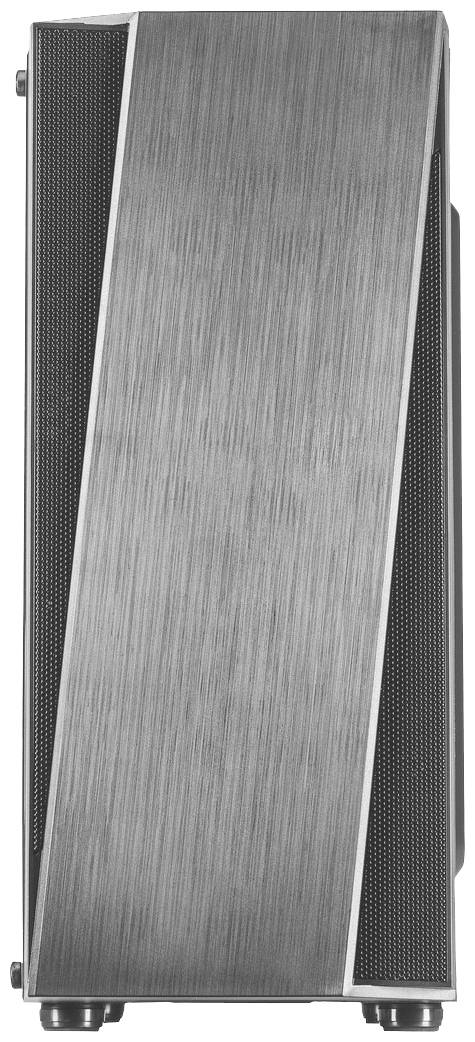 Metallene Gehäusefront eines Computers, vertikale Linienstruktur, bietet modernes Design und Schutz für interne Komponenten.