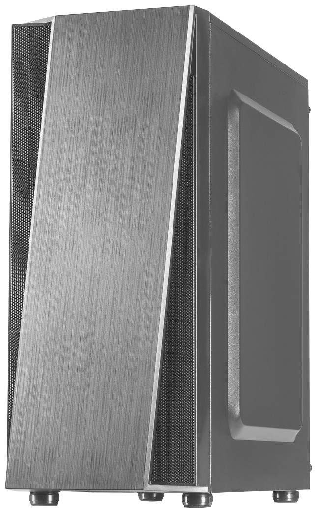 Ein modernes Computergehäuse mit silberner, gebürsteter Metallfront und klaren Linien. Es steht auf kleinen Standfüßen.