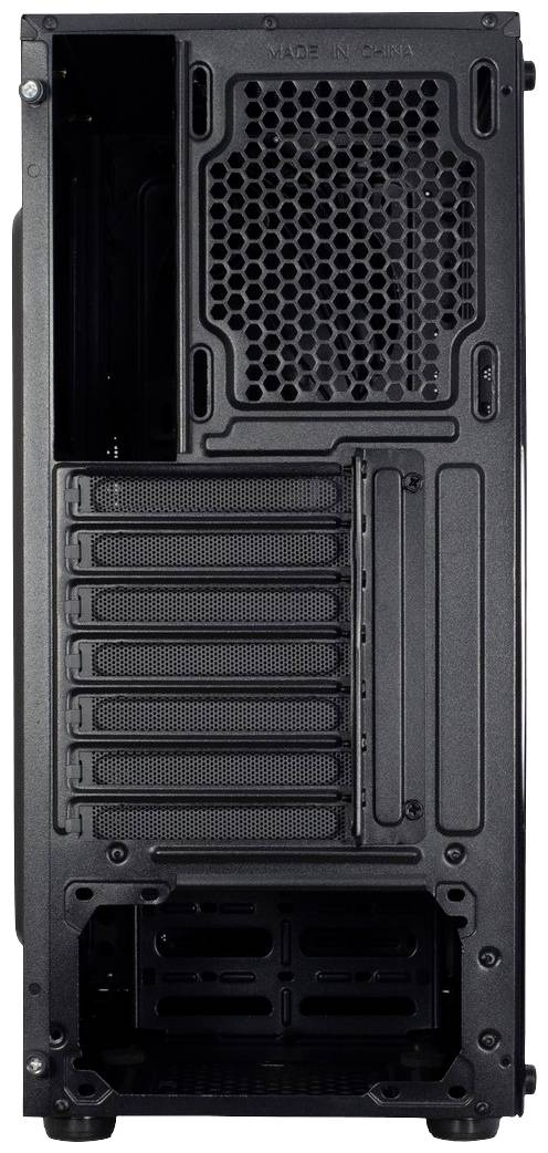 Rückseite eines schwarzen Computergehäuses mit Lüftungsgitter oben, mehreren Anschlussöffnungen und Slots für Erweiterungskarten.