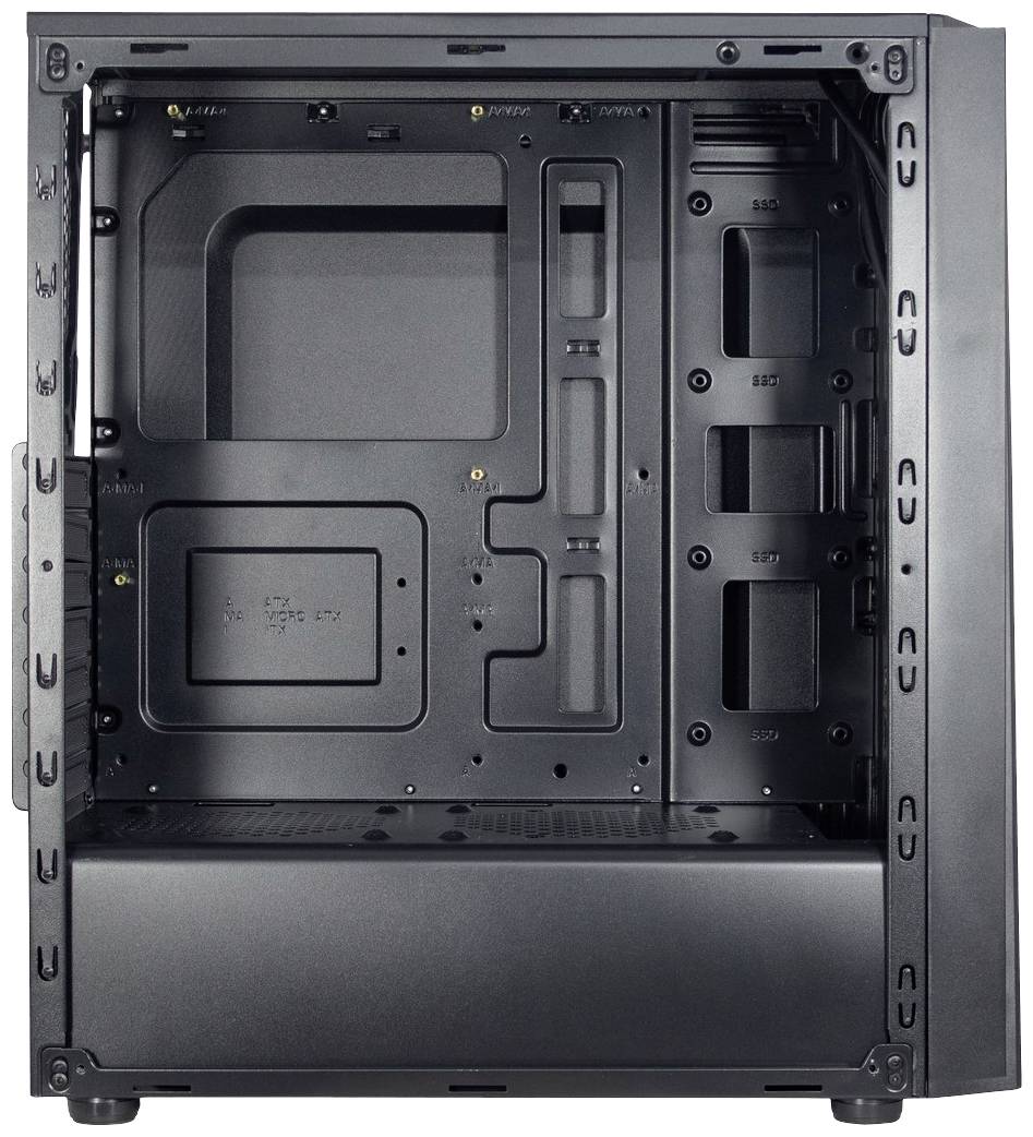 Schwarzes Computergehäuse von innen, zeigt die leere Struktur mit Fächern für Hauptplatine, Laufwerke und Lüfterplätze.