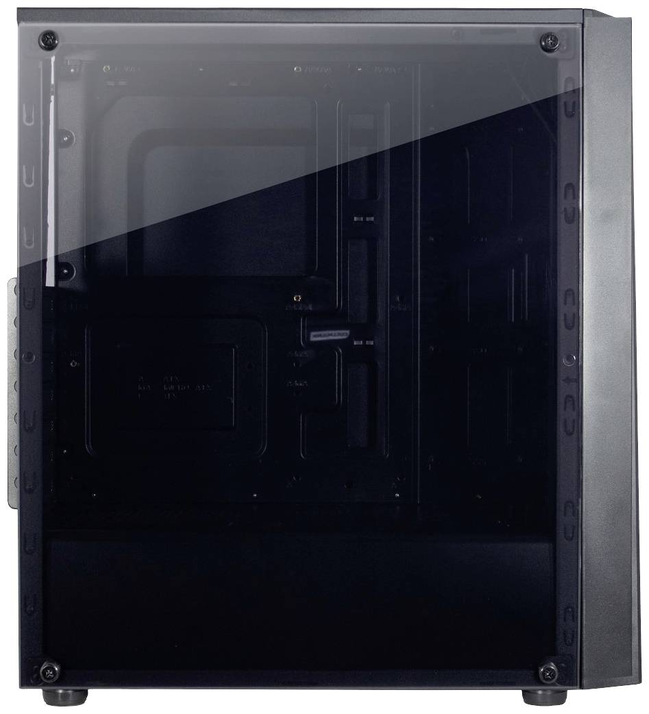 Ein schwarzes Computergehäuse mit einem durchsichtigen Seitenpanel aus Glas. Das Gehäuse ist leer und zeigt interne Montageplätze.