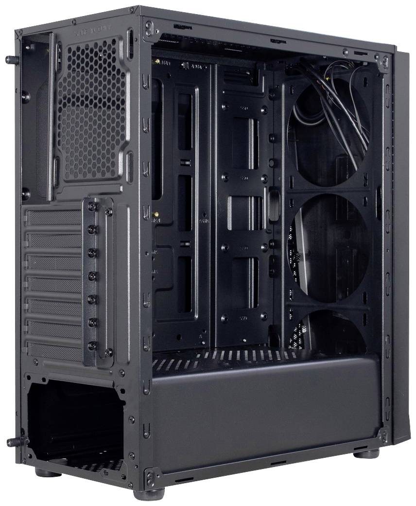 Ein leerer schwarzer Computergehäuse-Tower mit mehreren Lüfteröffnungen, Kabeln und Platz für interne Komponenten.