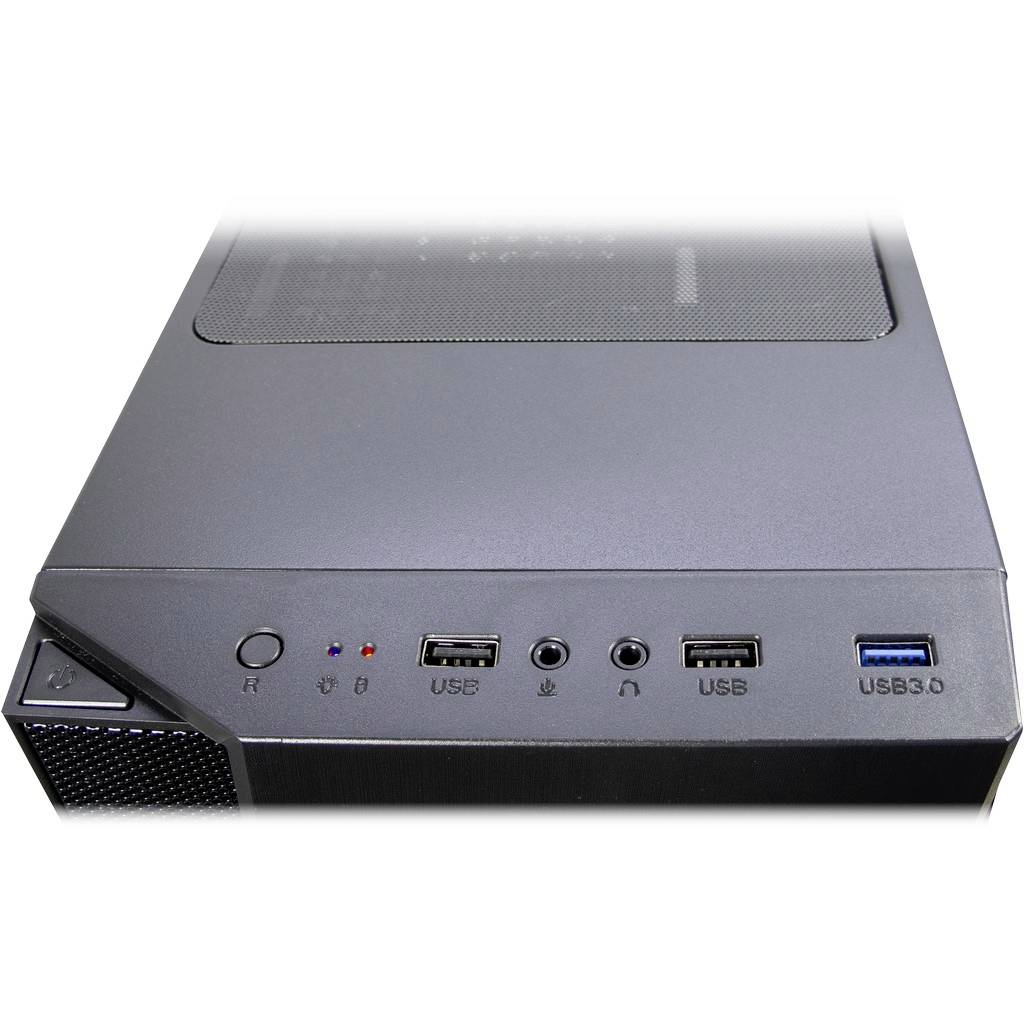Ein Computergehäuse mit zwei USB-Anschlüssen, einem USB 3.0-Anschluss, Kopfhörer- und Mikrofonbuchsen sowie Kontrollleuchten.