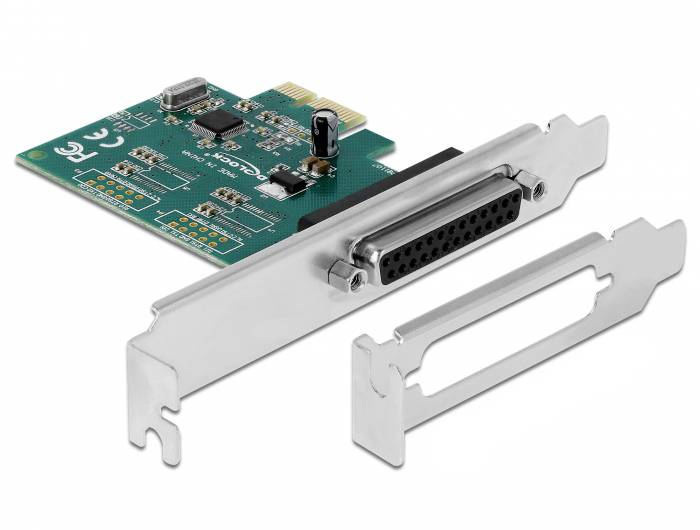 Eine grüne PCIe-Karte mit einem parallelen Anschluss und Metallschiene, geeignet für eine Computererweiterung, ist abgebildet.